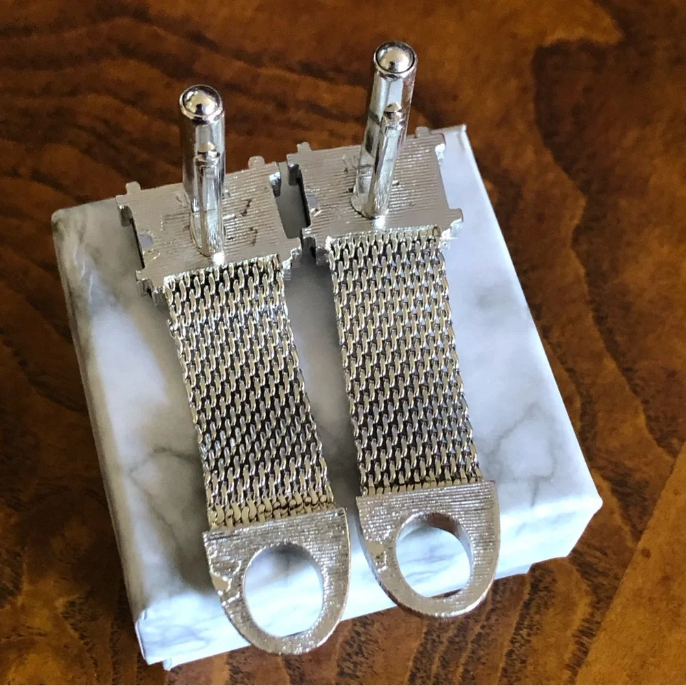 Vintage Swank hematite silver mesh wrap style cuff links